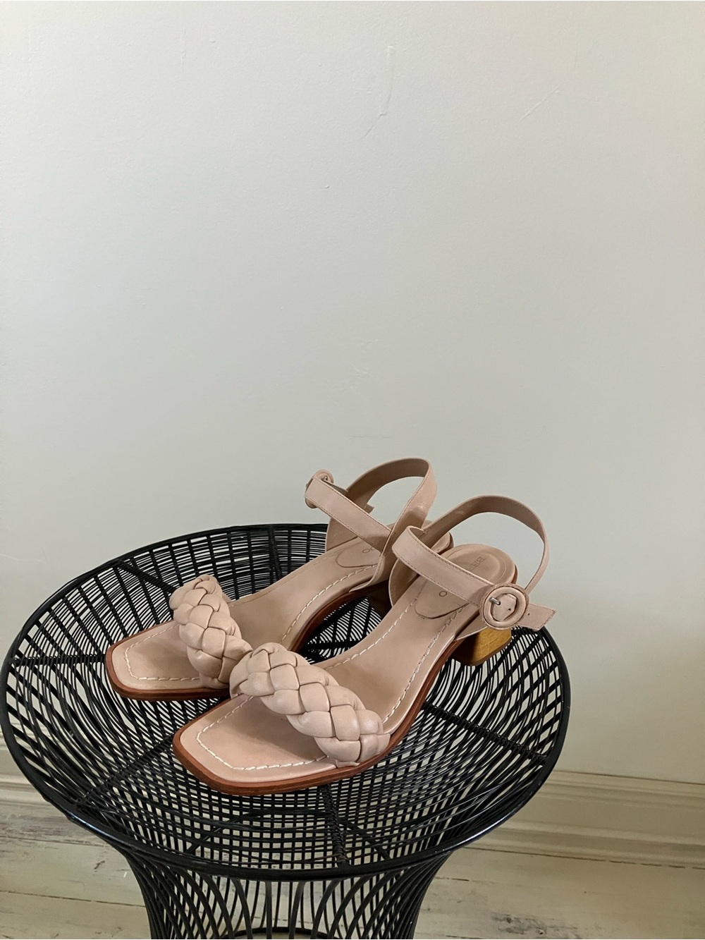 Bernardo Leather Braided Square Toe Wood Block Heel Sandals Ankle Strap Nude 11